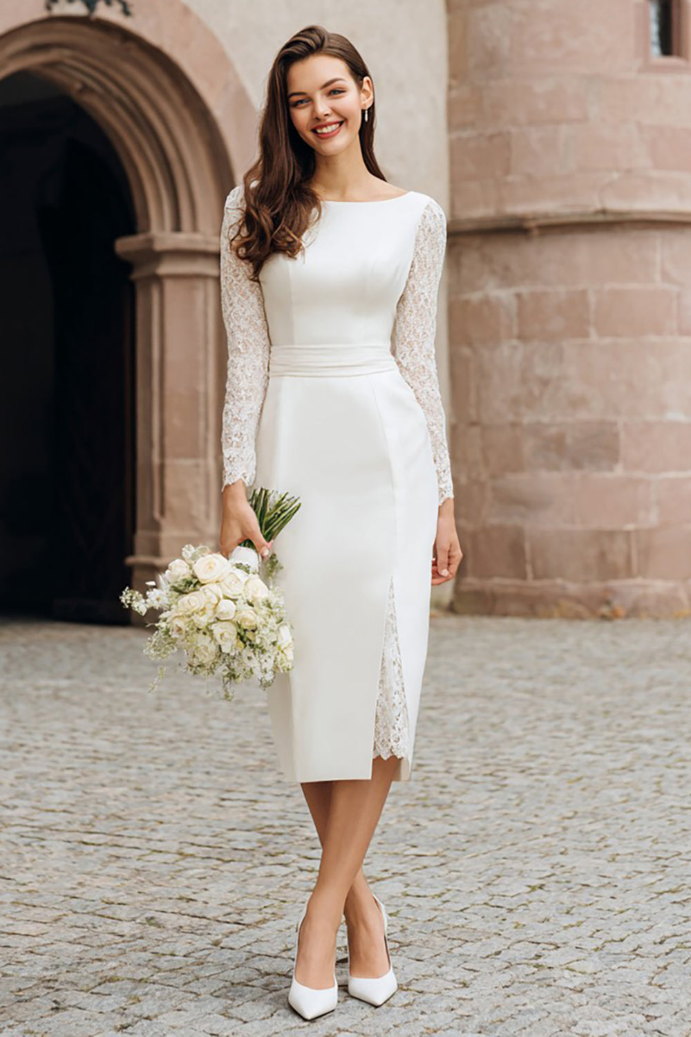 Ivory Bodycon Boat Neck Midi Wedding Reception Dress with Lace
