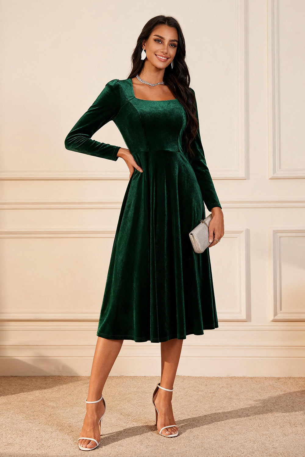Dark Green A Line Velvet Midi Glitter Holiday Party Dress with Sleeves