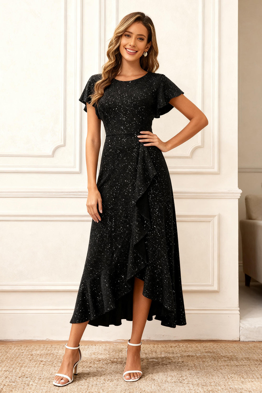 Black Round Neck Midi Glitter Holiday Party Dress with Sleeves