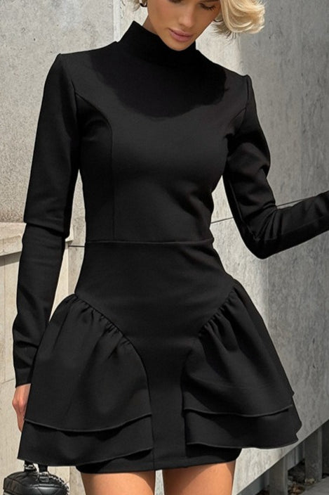 High Neck Long Sleeve Tiered Ruffle Mini Dress