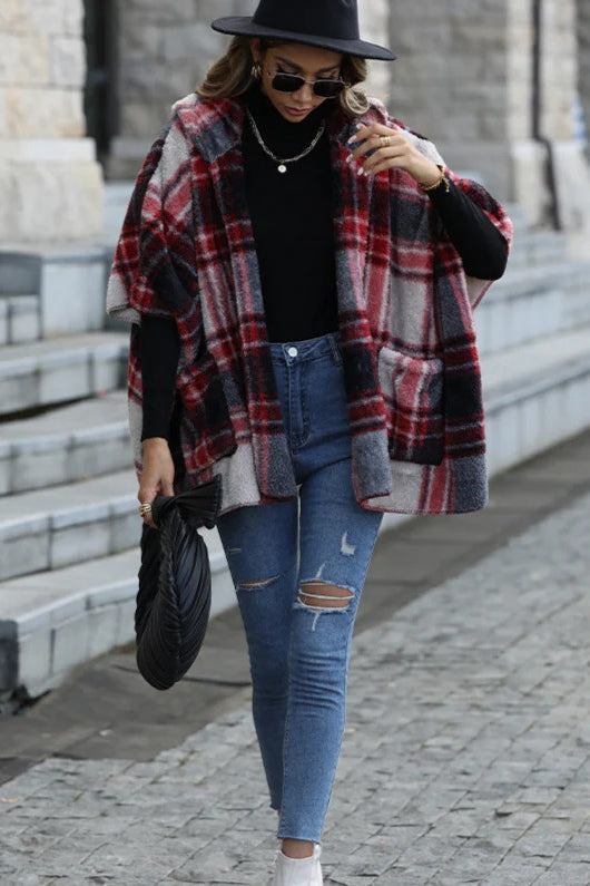 Fuzzy Plaid Hooded Short Sleeve Coat