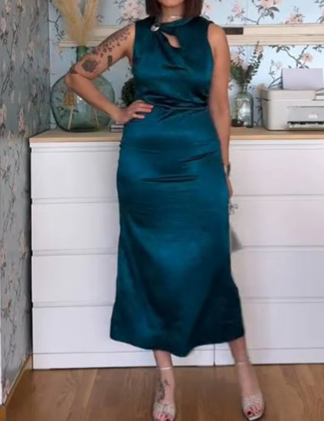 Satin High Neck Keyhole Cut Out Brooch Trim Column Maxi Dress