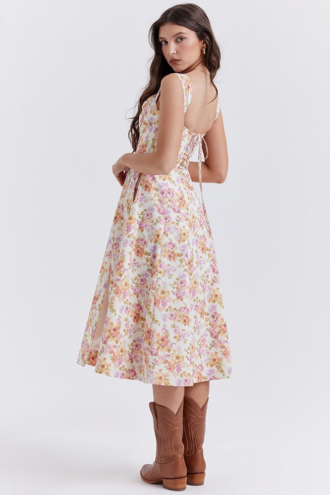 Floral Print Square Neck Corset Midi Dress