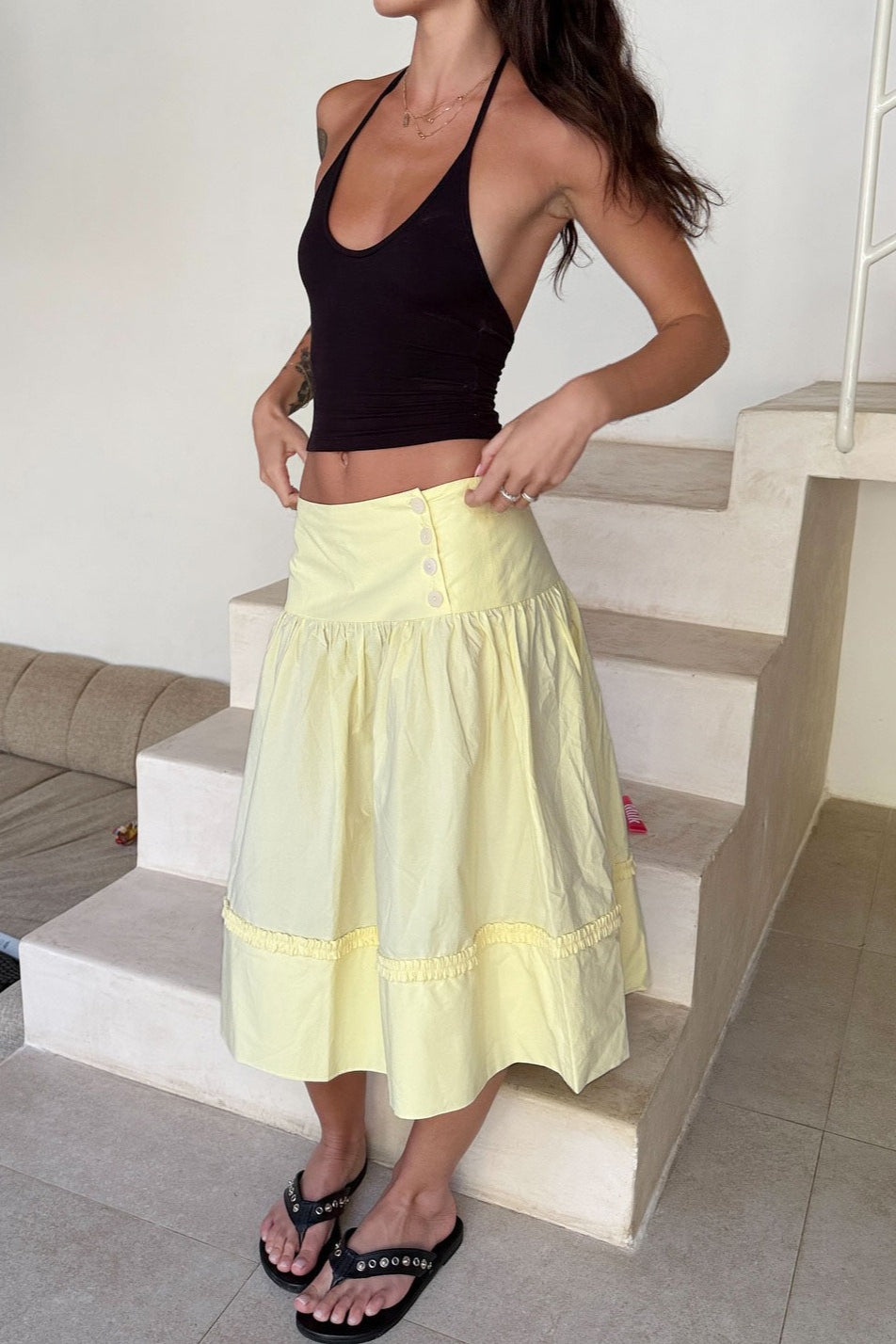 Low-Waist Lace-Trim Midi Skirt