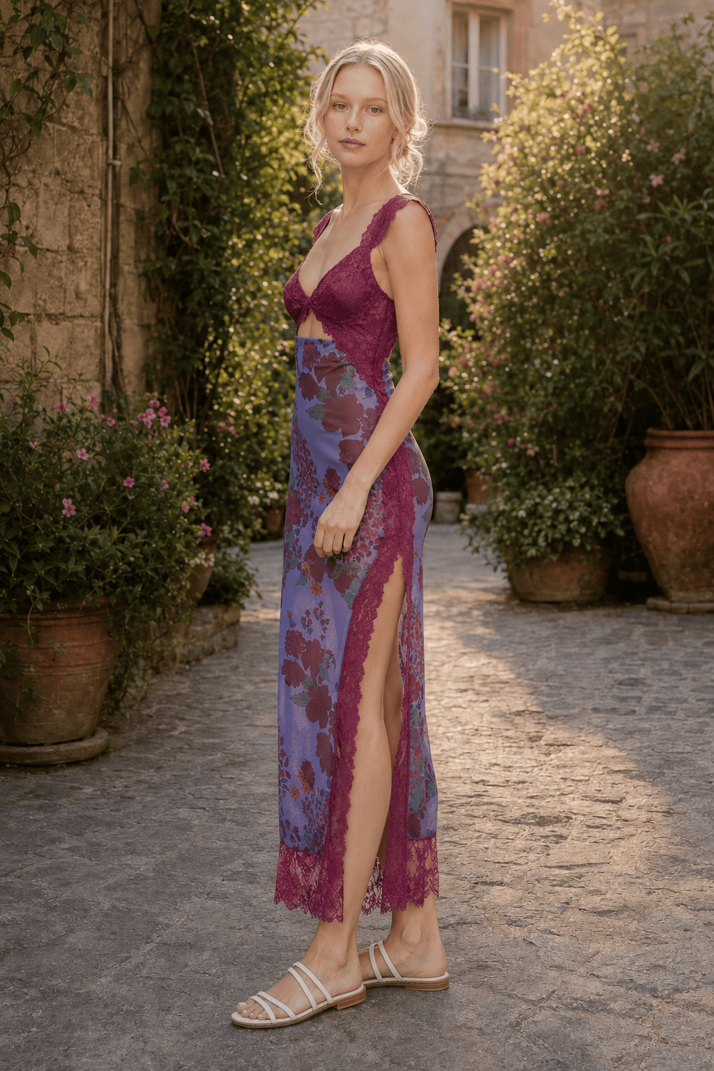 Floral Lace-Trim V-Neck Cut-Out Satin Maxi Dress