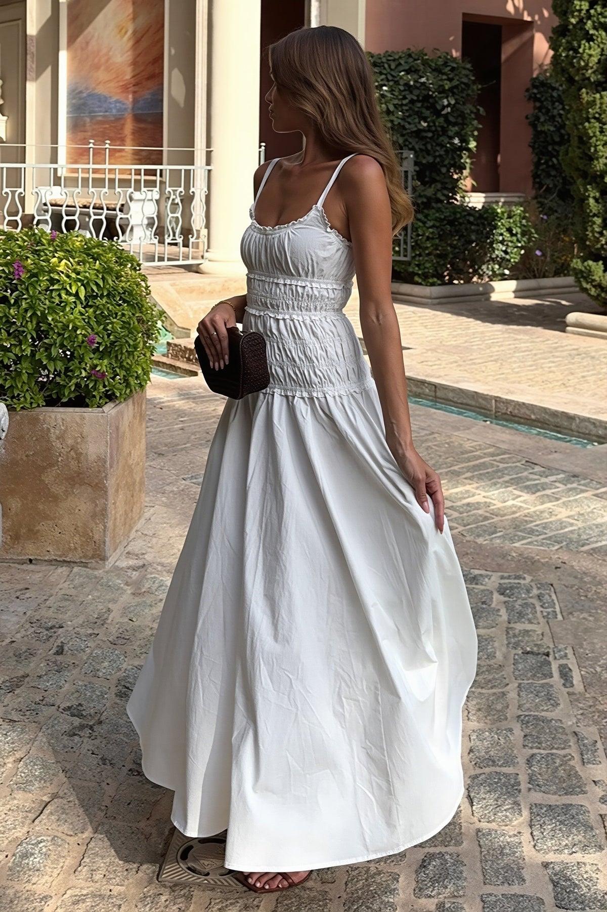 Shirred Scoop Neck Strappy Tiered Midi Dress