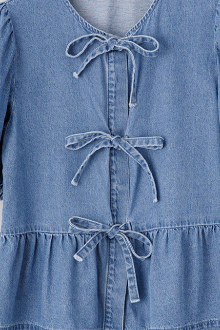 Solid Denim Tie Bow Blouse
