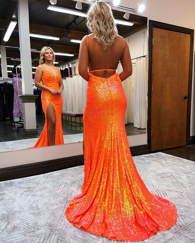 Fashion Mermaid V Neck Orange Sequins Long Prom Dresses with Slit - Fashionpara