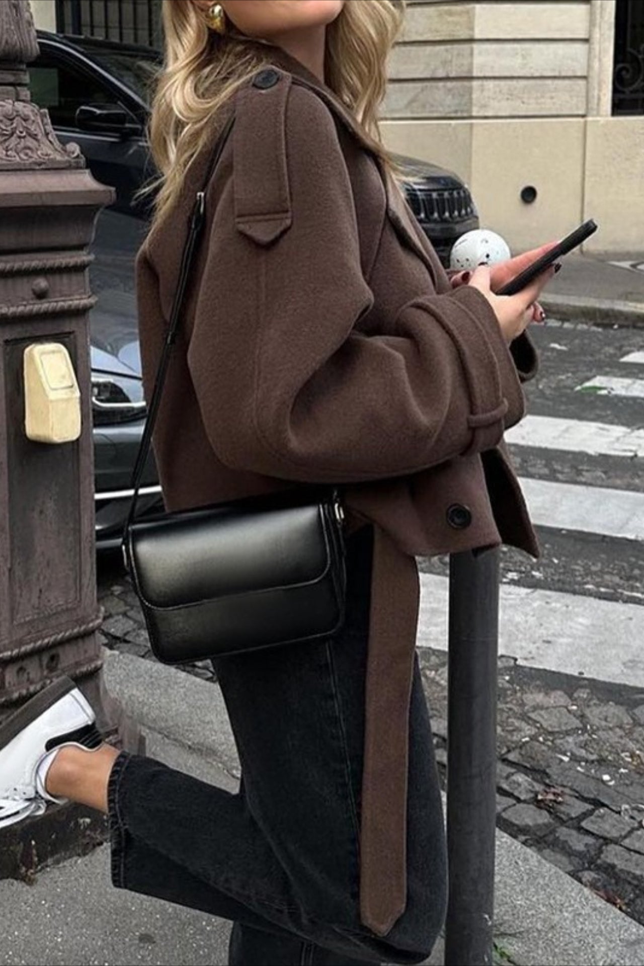 Wide Lapel Belted Cropped Wool Coat - Fashionpara