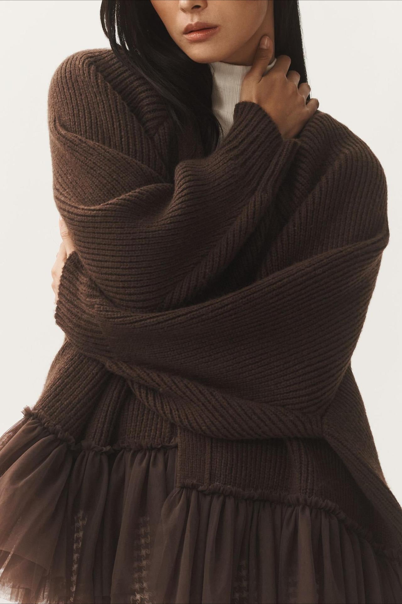 Ruffled Tulle Knit Long-Sleeve Cardigan for Effortless Style