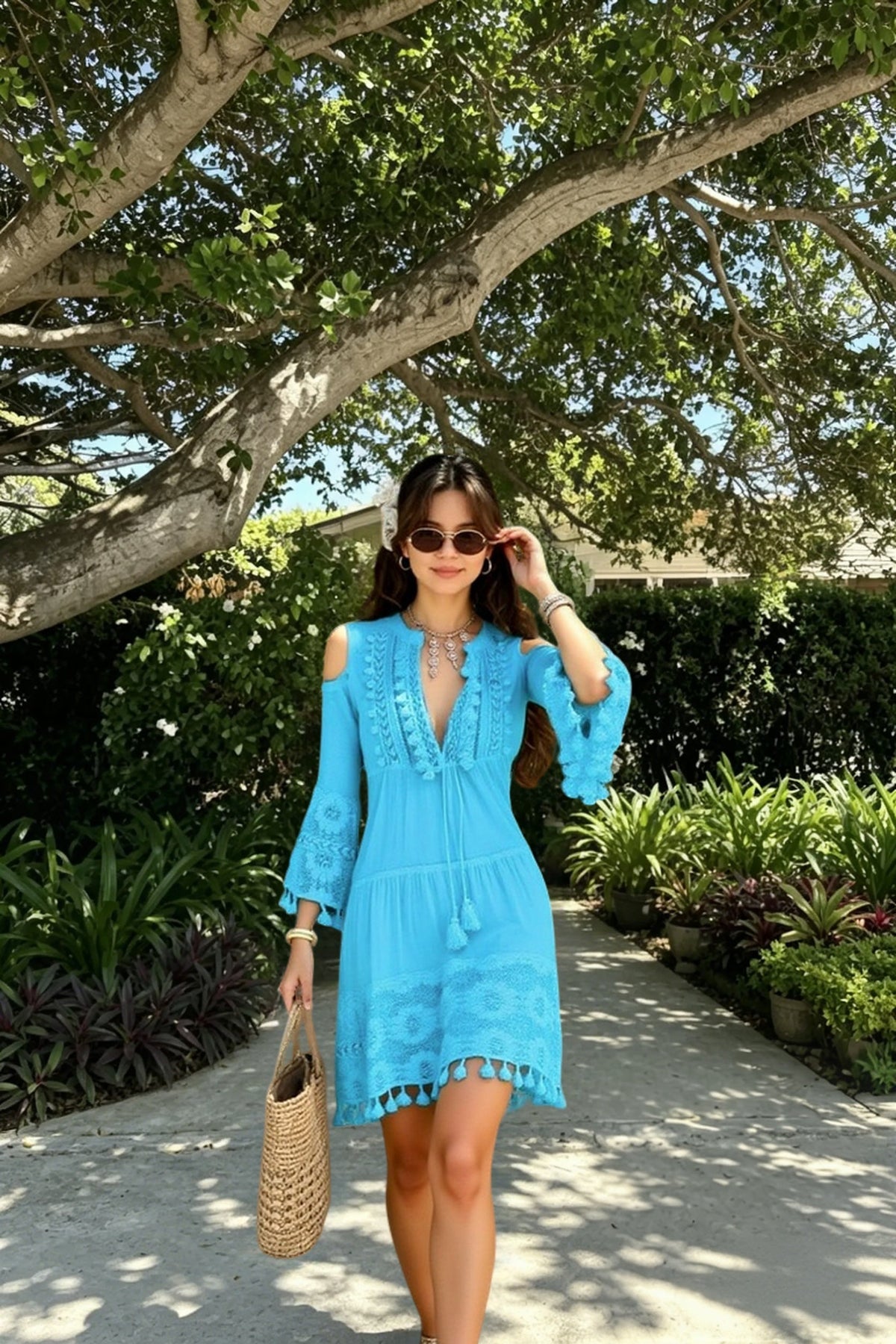 Crochet Trim V-Neck Bell Sleeve Tiered Maxi Dress 11