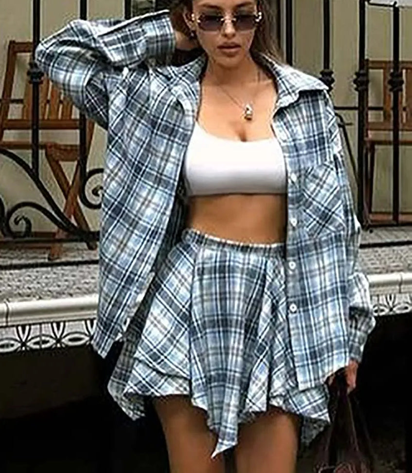 Blue Print Pleated Mini Skirt Office Two Piece Set