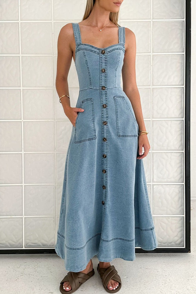 Denim Square-Neck Button-Front A-Line Maxi Dress