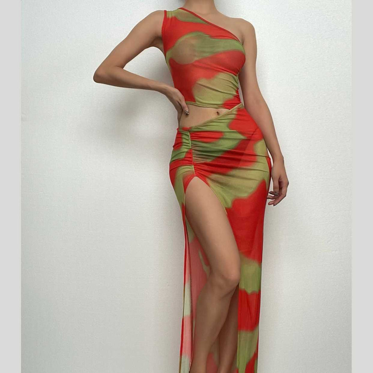 Irregular ruched slit sheer mesh see through tie dye maxi dress
