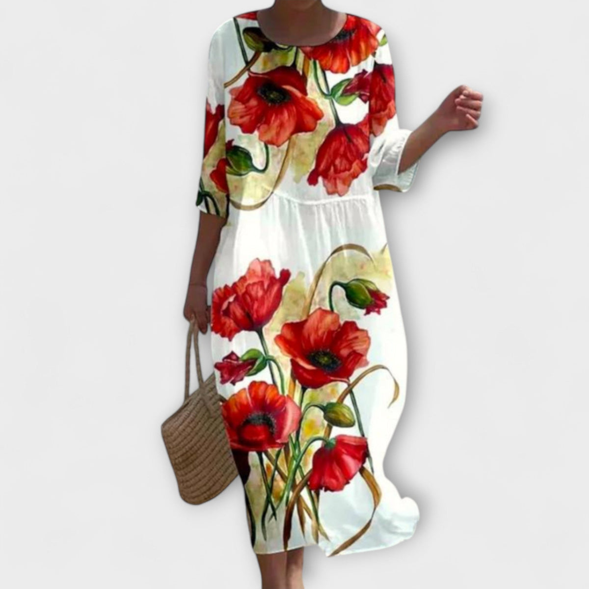 Rose Floral Round Neck Half Sleeve Loose Midi Dress 4
