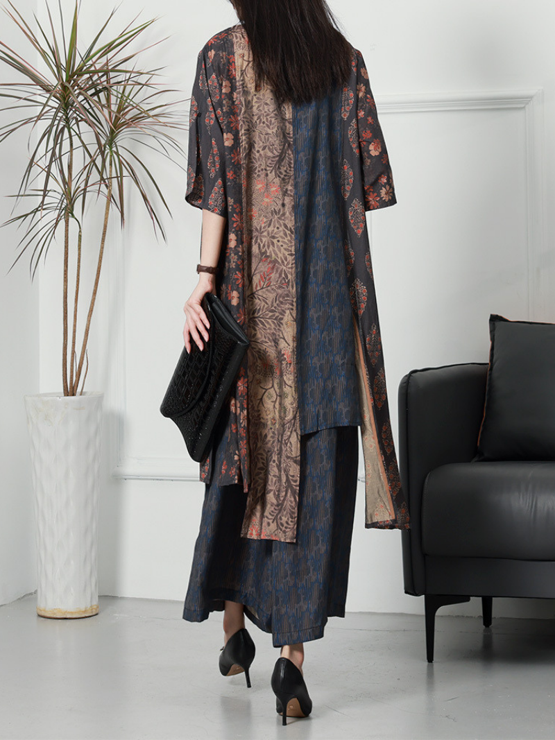 Floral Print Stand Collar Button-Down Batwing Maxi Dress 4