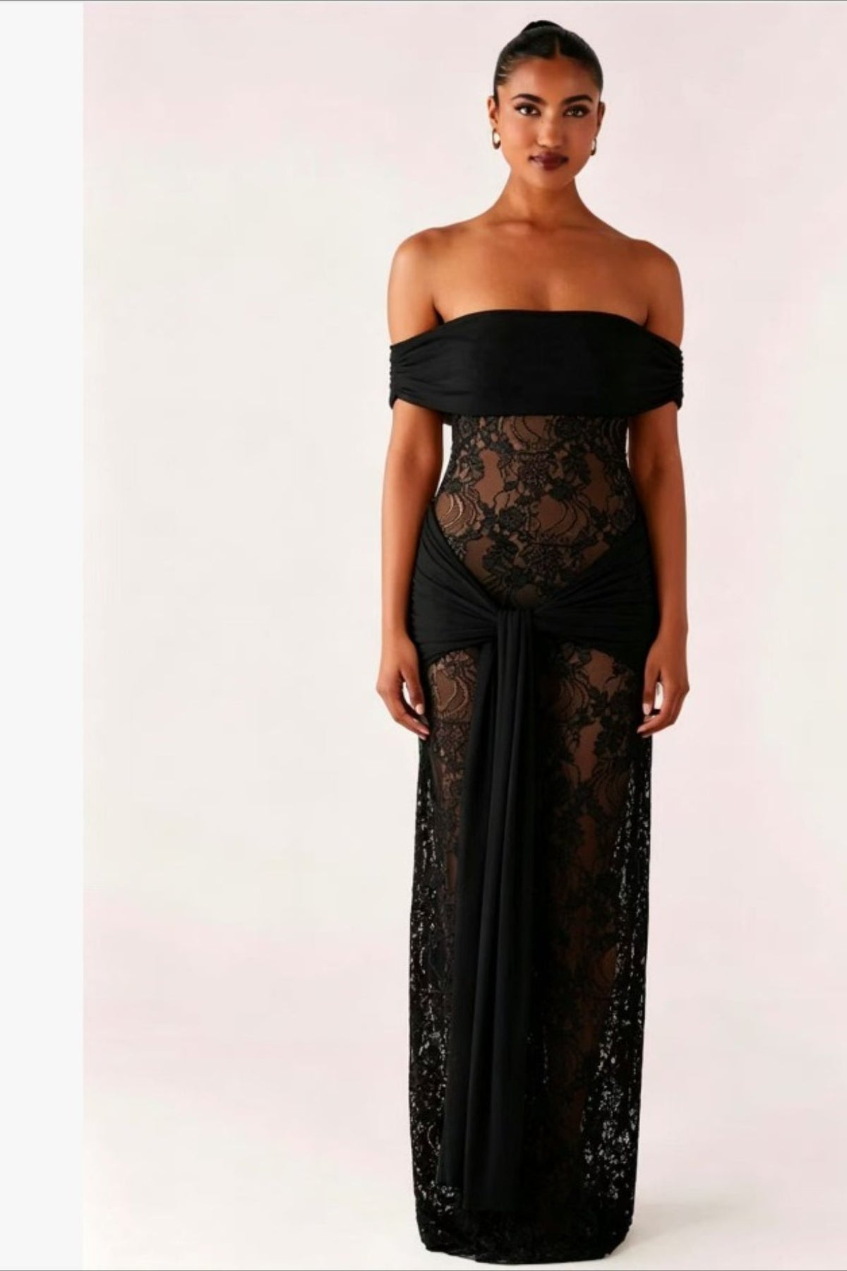 Off Shoulder Floral Lace Draped Sheer Maxi Gown