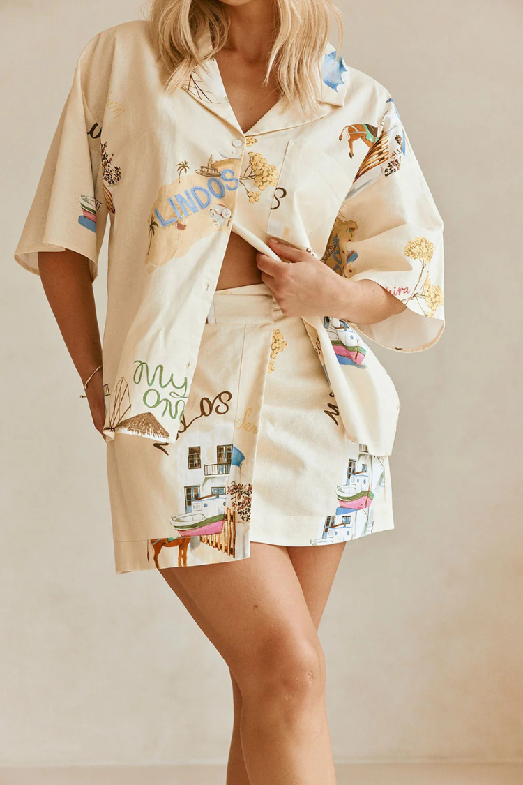 Kea Linen Blend Unique Print Short Sleeve Shirt and High Rise Wrap Panel Miniskirt Set - Fashionpara