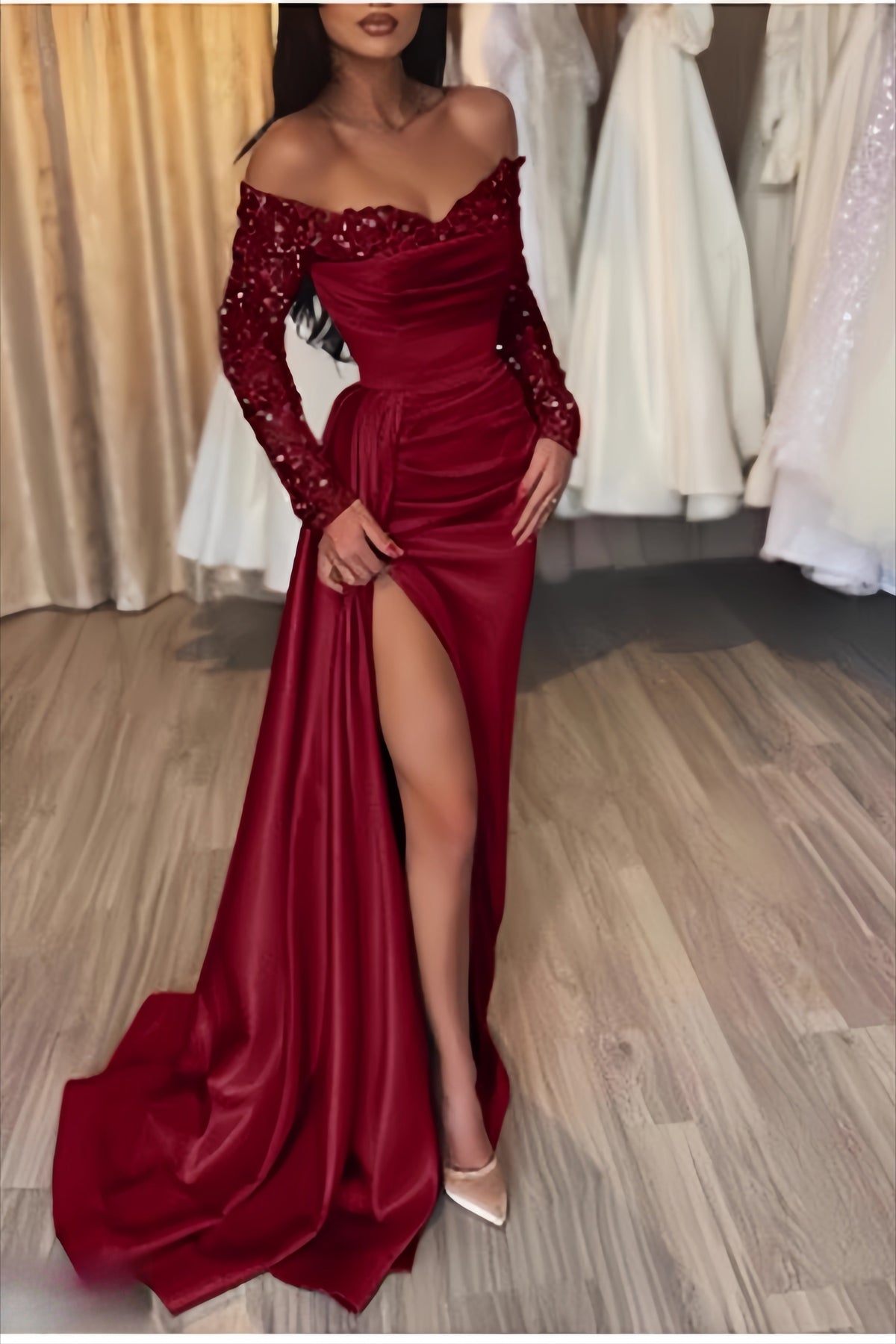 Off Shoulder Long Sleeve Sequin Draped Satin A-Line Maxi Gown 4