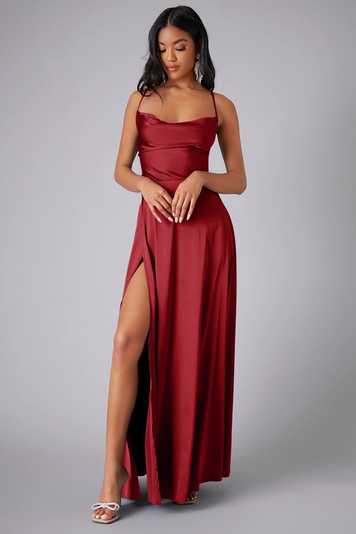 Satin Cowl Neck Spaghetti Strap High Split Maxi Formal Dress - View 8