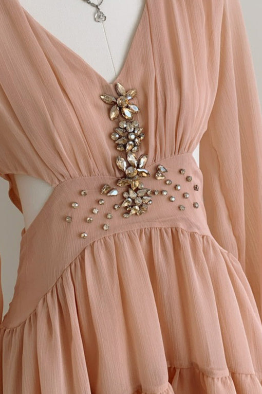 Embellished V-Neck Long Sleeve Tiered Chiffon Mini Dress 7