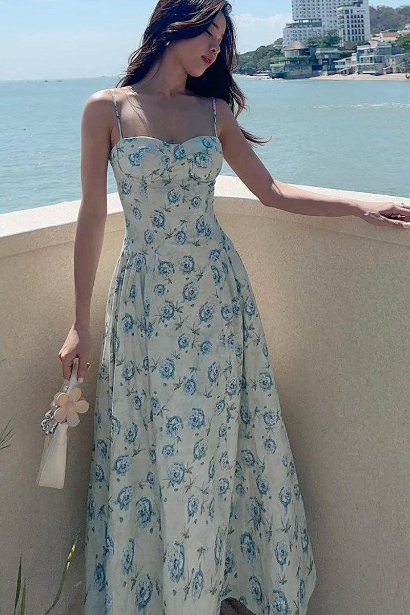 Floral Print Sweetheart Spaghetti Strap A-Line Maxi Dress