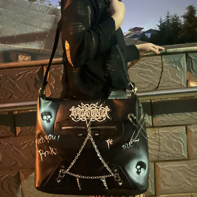 Y2K Harajuku Gothic Skeleton Chain Leather Crossbody Bag - Fashionpara