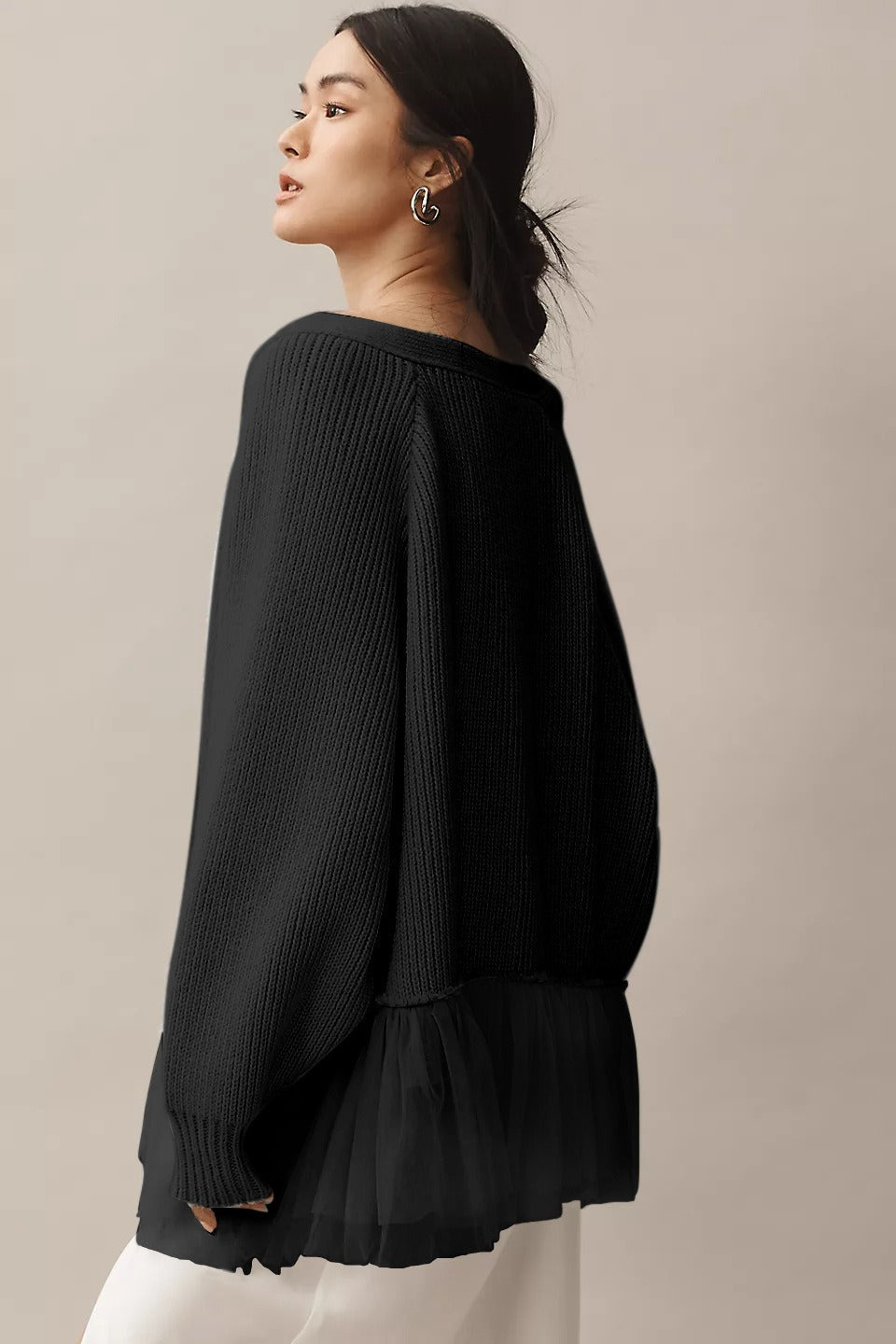 Ruffled Tulle Knit Long-Sleeve Cardigan for Effortless Style