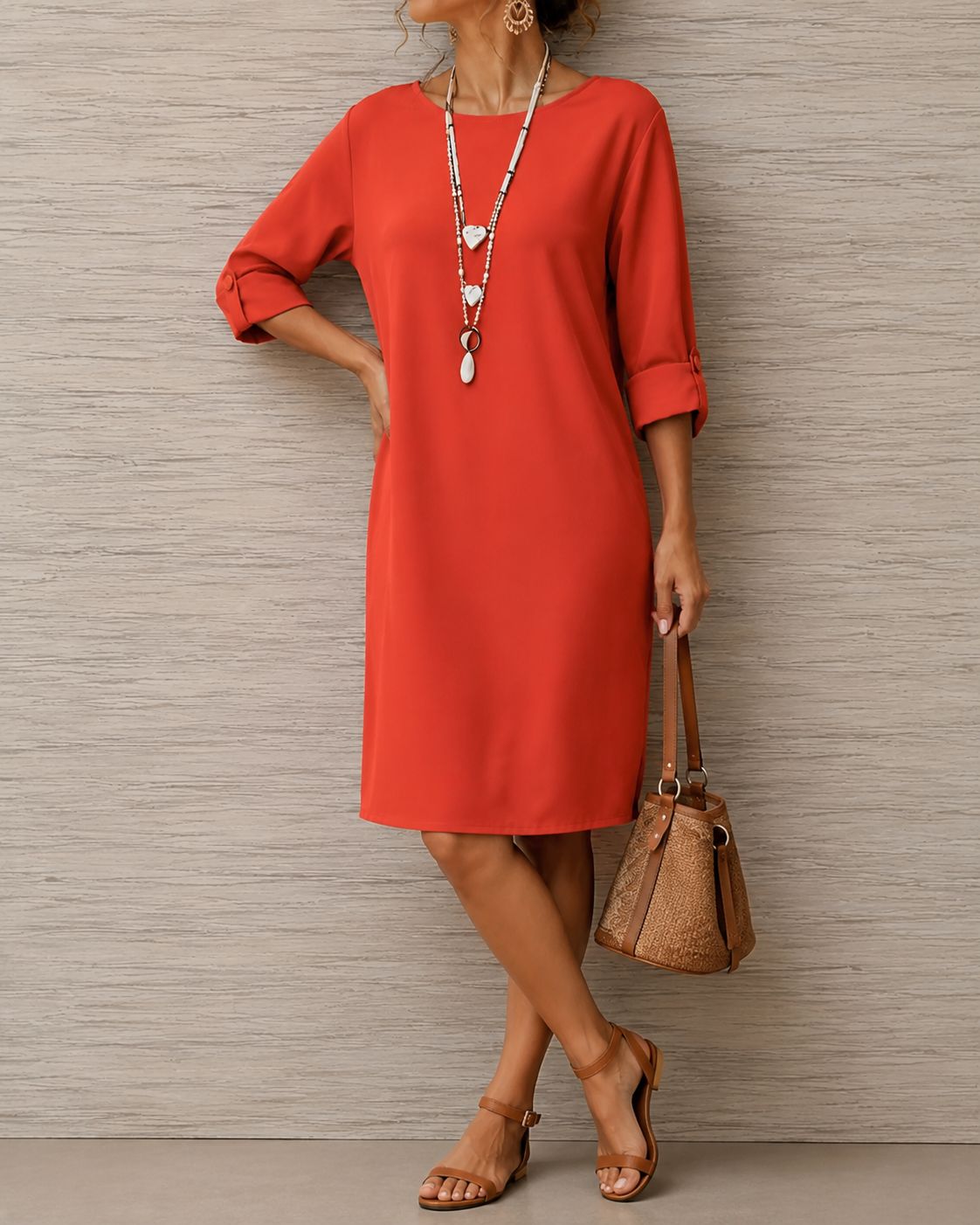 Round Neck Roll Tab Sleeve Pocket Shift Midi Dress 6