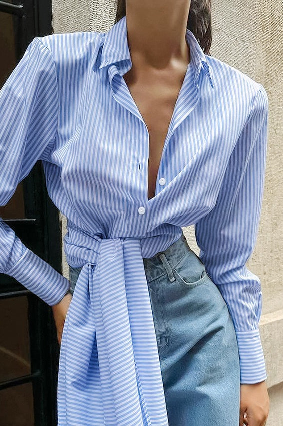 Striped Long Tie Neck Blouse - Fashionpara