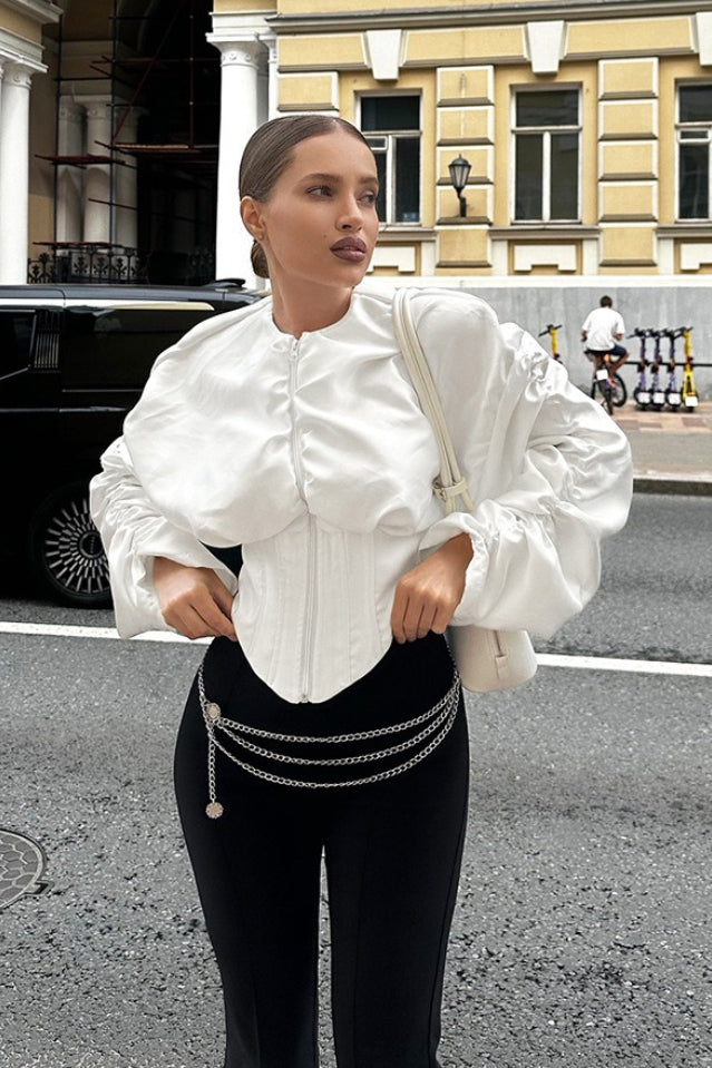 Ruched Round Neck Long Sleeve Blouse - Fashionpara