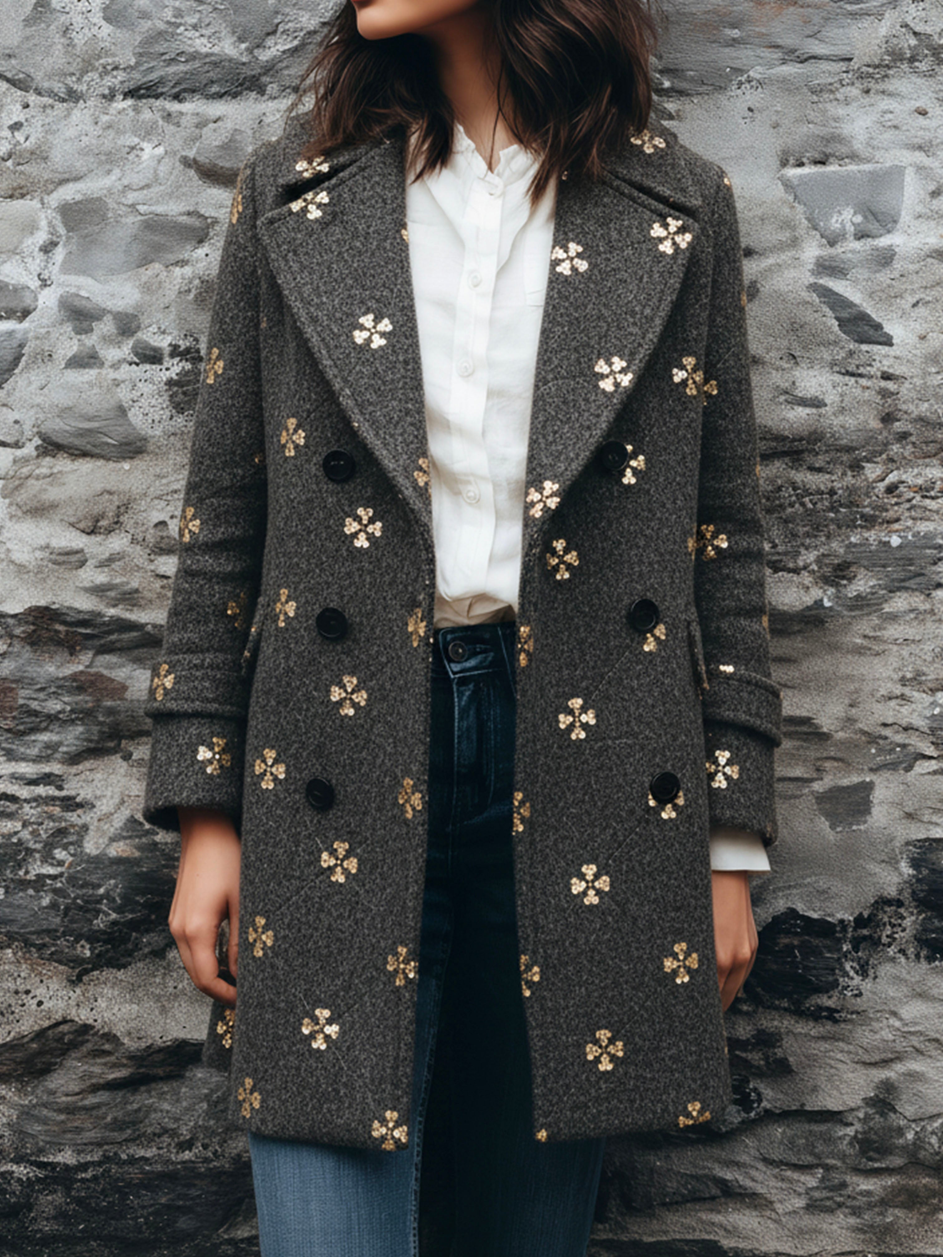 Elegant Double-Breasted Charcoal Wool Blend Embellished Coat With Gold Sequin