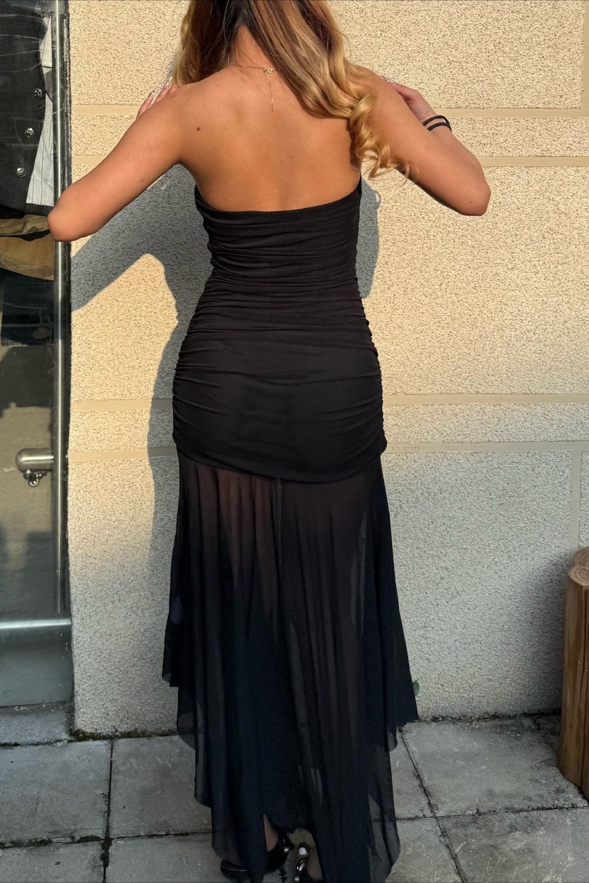 Mesh Strapless Ruched Sheer Skirt Maxi Dress