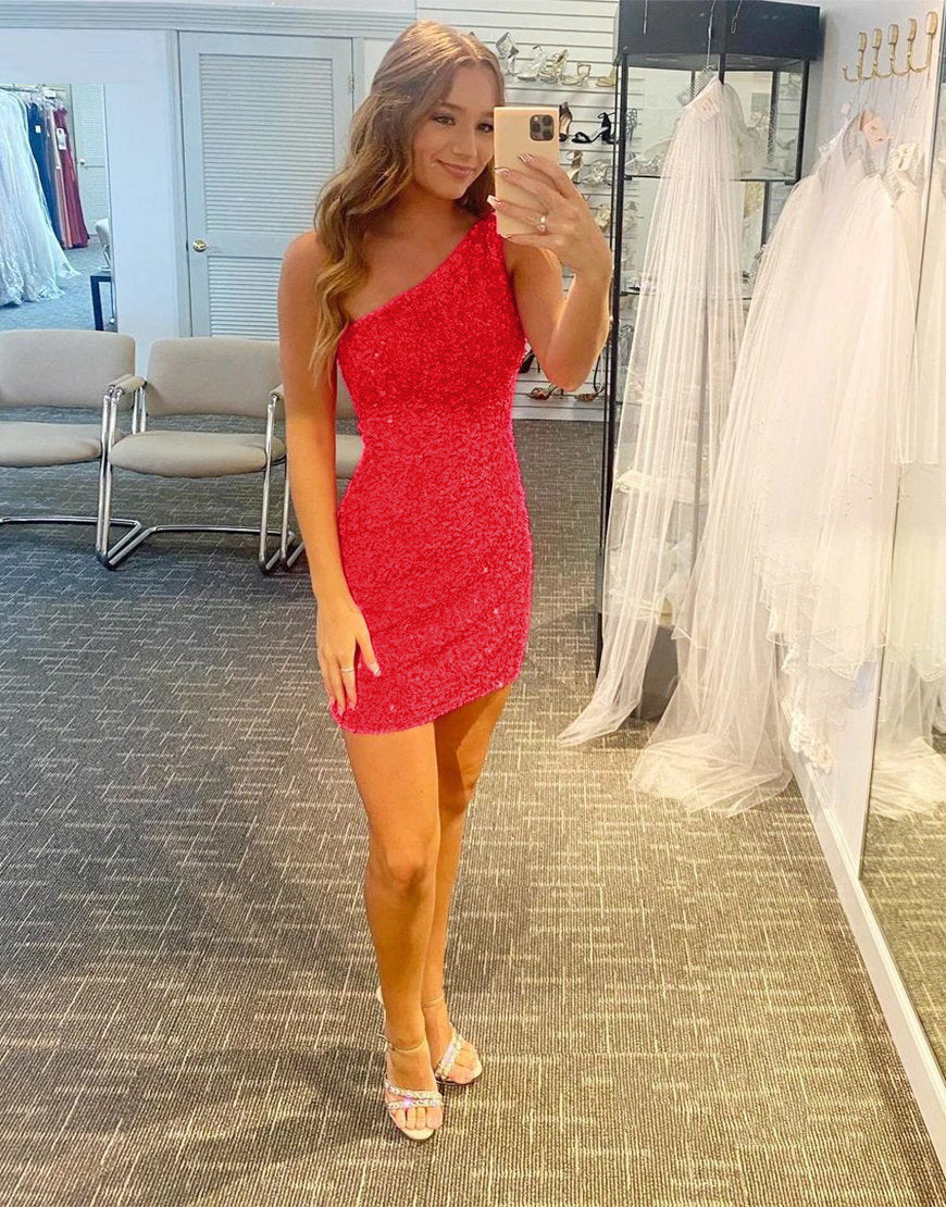 Glitter One-Shoulder Hot Pink Homecoming Dress With Sequins - Fashionpara