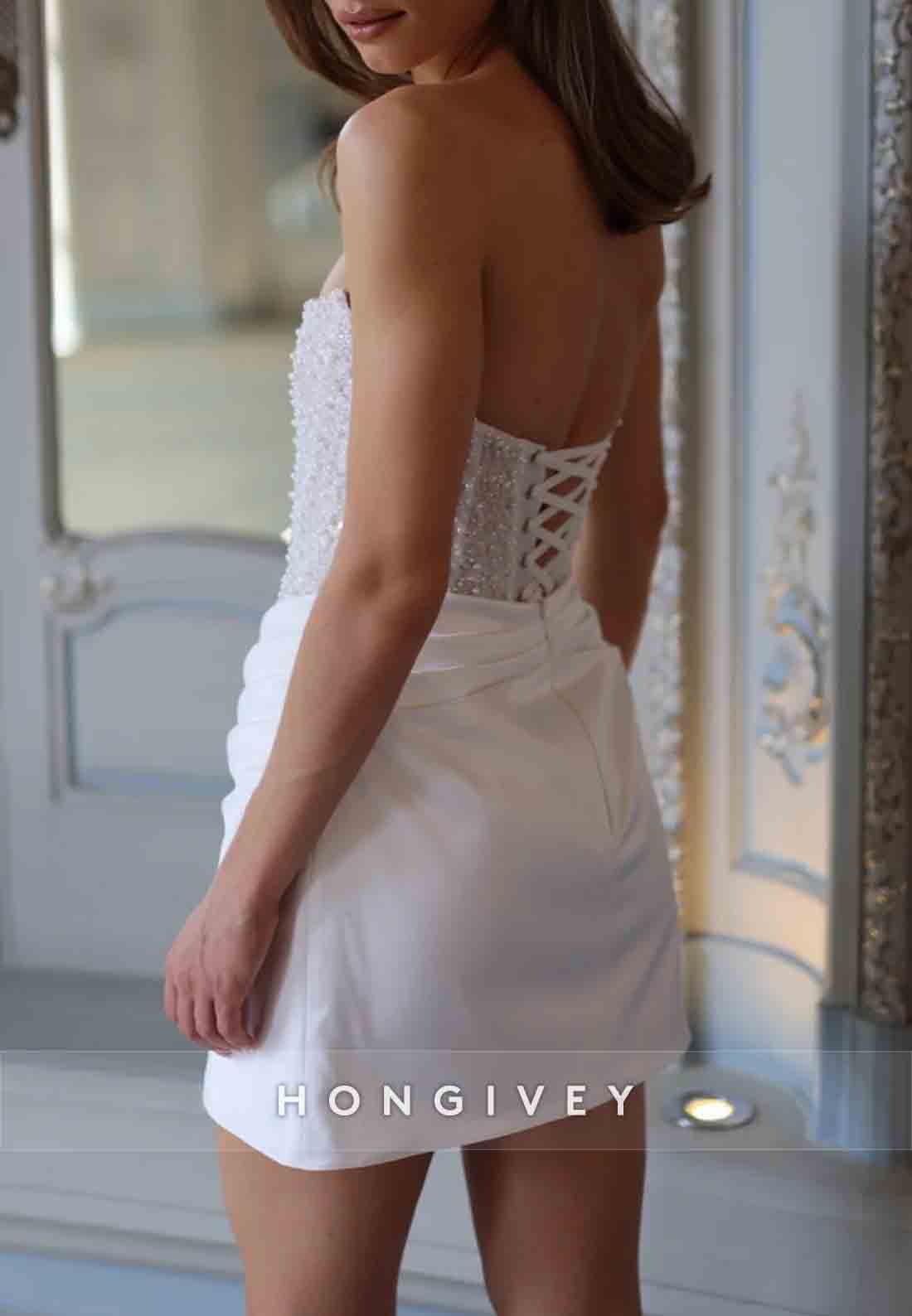Crisscross Back Beading Pleated Strapless Mini Wedding Dresses