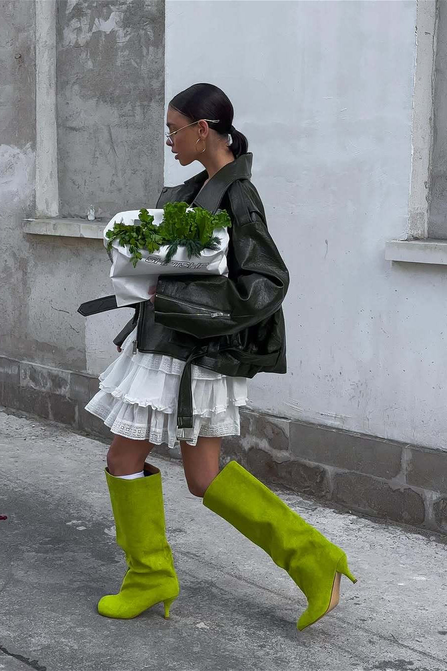 Zip Up Green Leather Moto Jacket