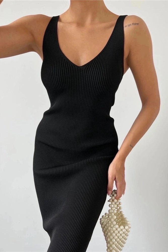 Sleeveless V-Neck Knit Bodycon Midi Split Sweater Dress