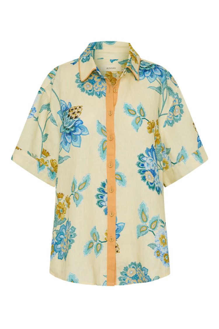 Giselle Linen Blend Floral Print Short Sleeve Shirt and Zipper Mini Skirt Set - Fashionpara