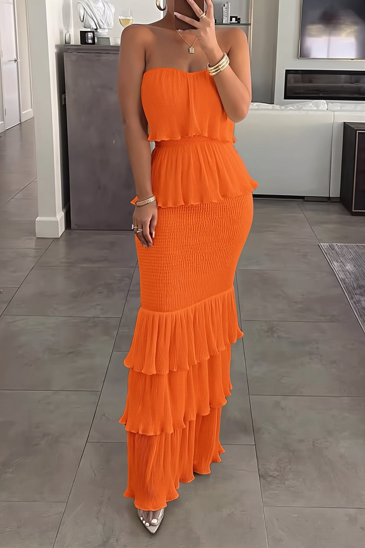 Strapless Smocked Tiered Ruffle Maxi Dress