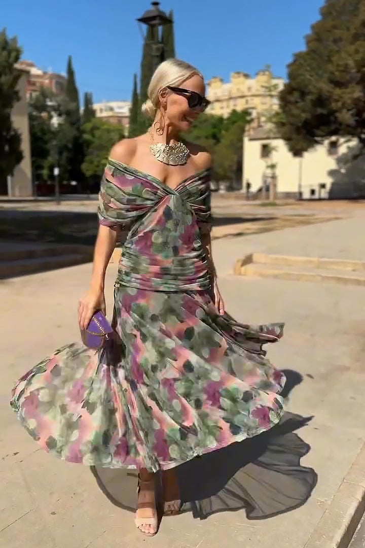 Floral Print Off Shoulder Twist Front Pleated Maxi Dress 6