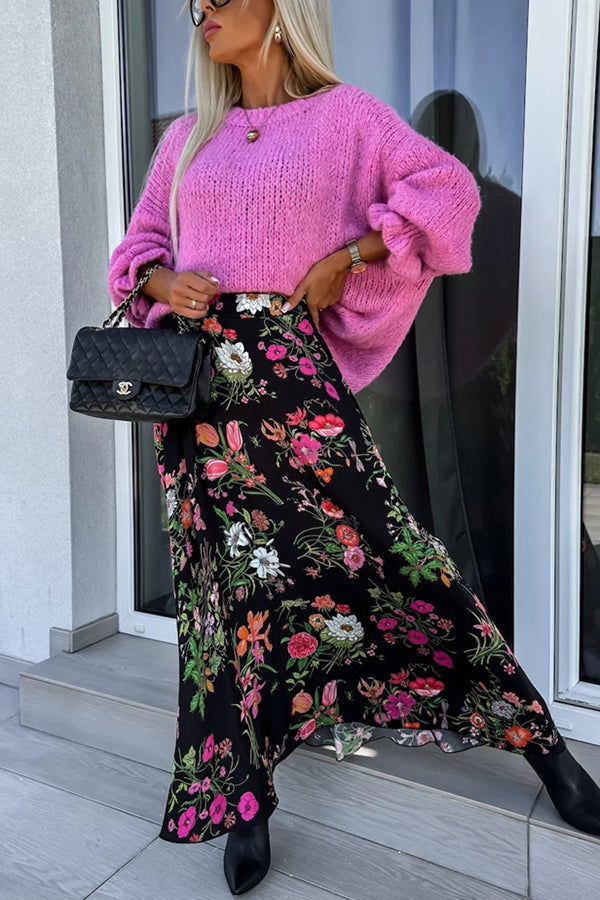 Solid Color Ruffled Long Sleeve Knitted Sweater for Women