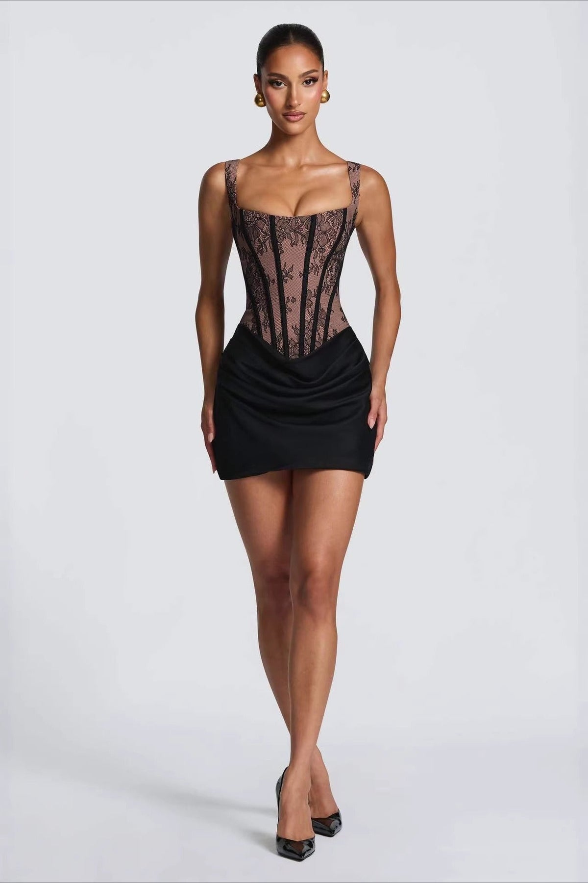 Lace Corset Square Neck Draped Hem Mini Dress