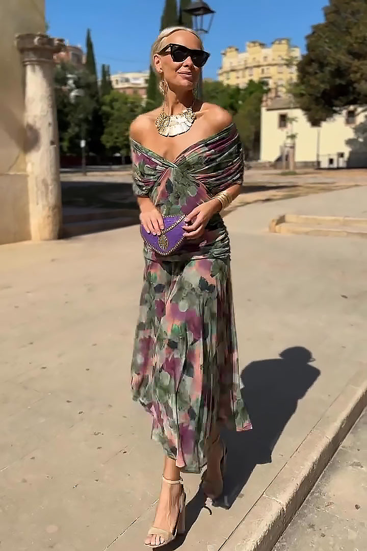 Floral Print Off Shoulder Twist Front Pleated Maxi Dress 5