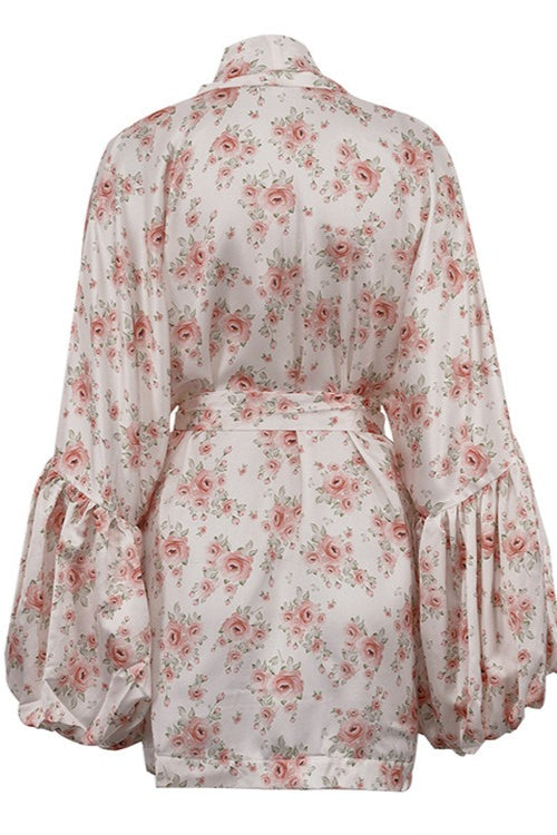 Rose Floral Satin Wide Sleeve Wrap Dress