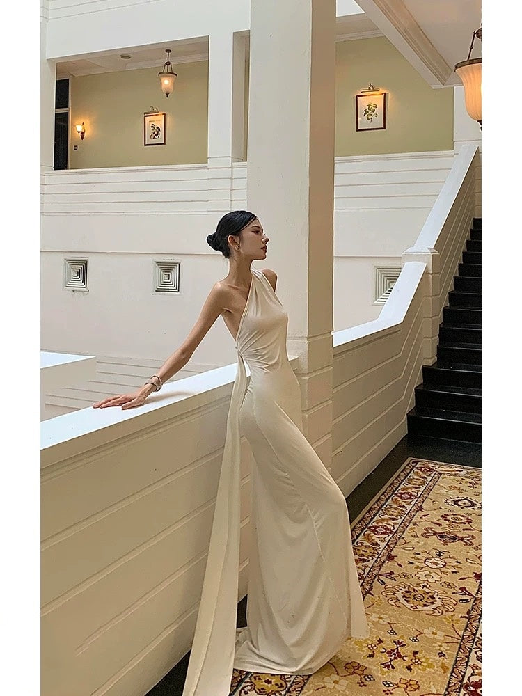 Mermaid One Shoulder Floor-length Sleeveless White Long Prom Dresses SD2003