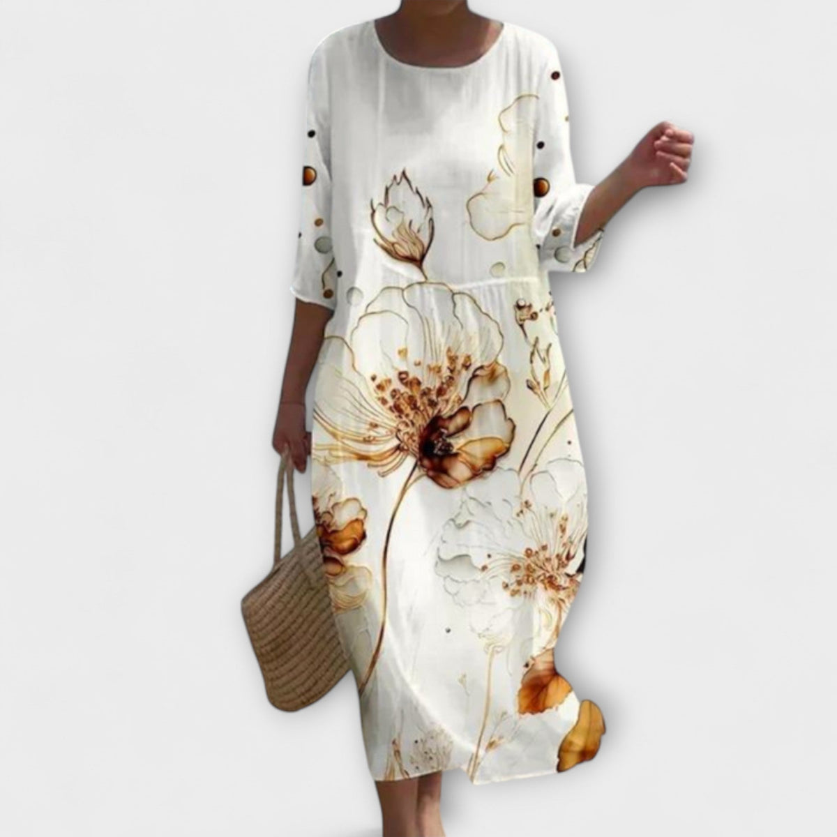 Rose Floral Round Neck Half Sleeve Loose Midi Dress 5
