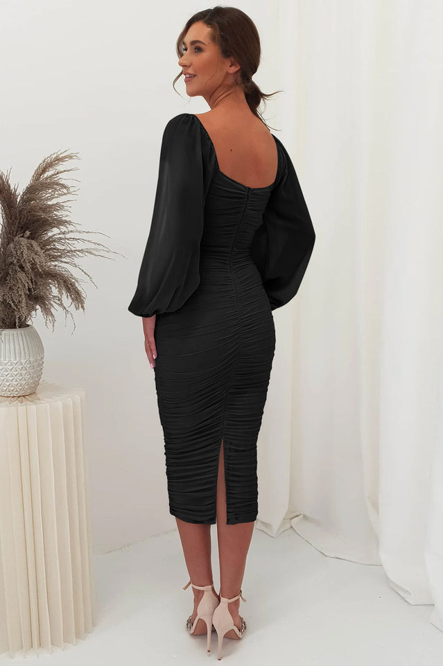 Square Neck Puff Sleeve Ruched Bodycon Midi Dress