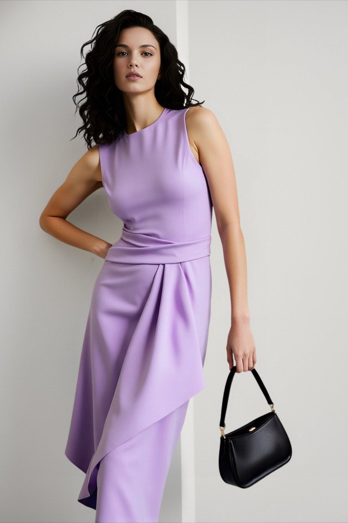 Round Neck Sleeveless Draped Asymmetric Midi Dress