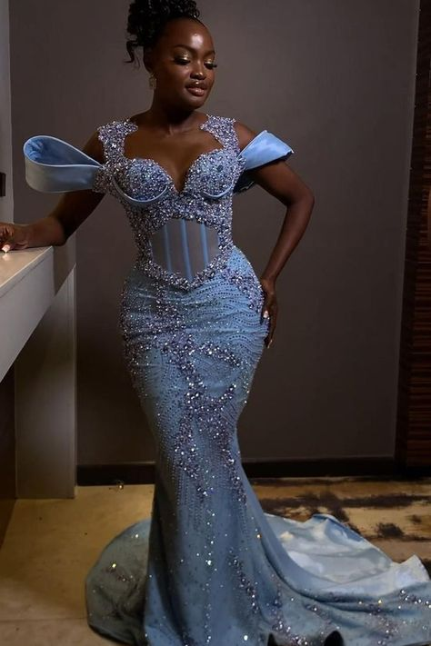 Stunning Off the shoulder Blue Mermaid Beaded Floor length Prom Dresses - Fashionpara