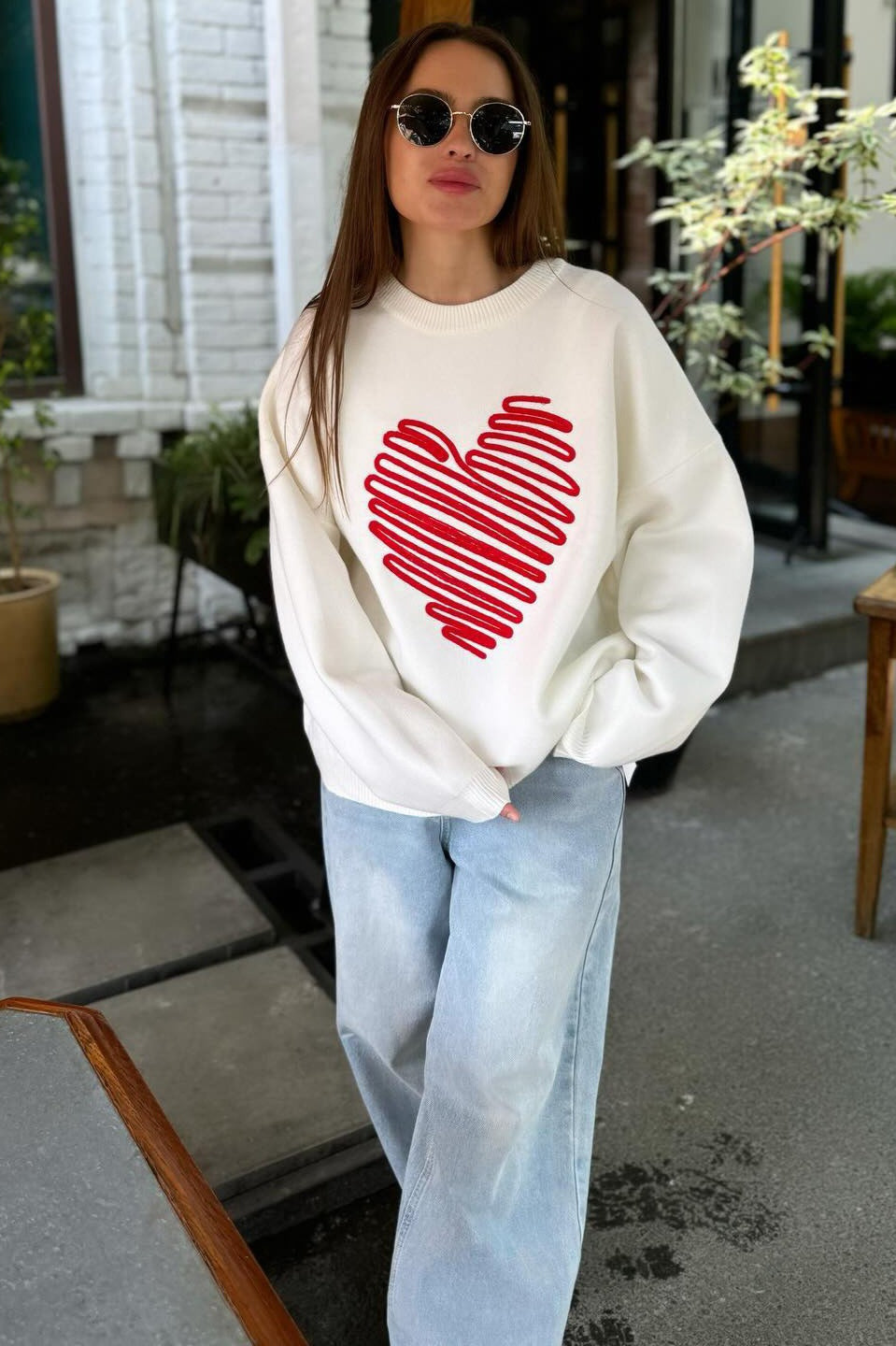 Red Heart Line Knit Sweater